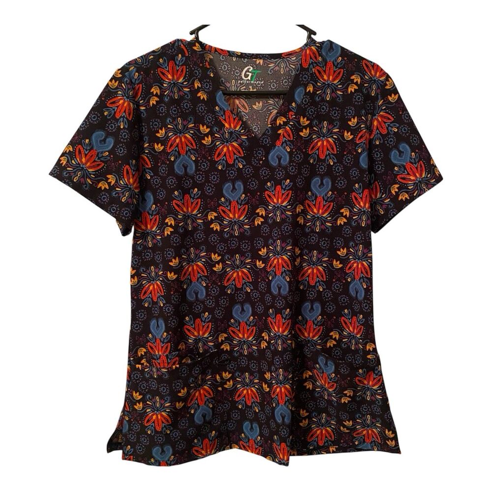 Nurse Scrub Top Uniform Size Medium Women's Pretty Floral Bright Front Pockets